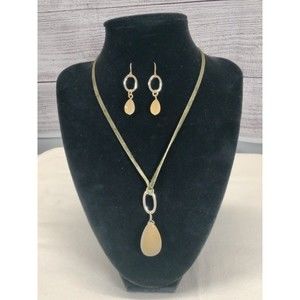 Boho Chic Silvertone Necklace and Earring Set, Leather Cord, Yellow/Beige Stones
